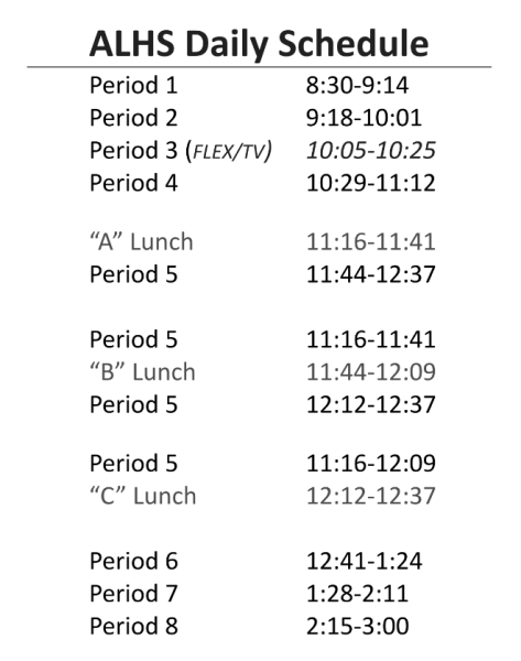 The updated 2024-25 ALHS Daily Schedule including changes to flex times and lunch periods.